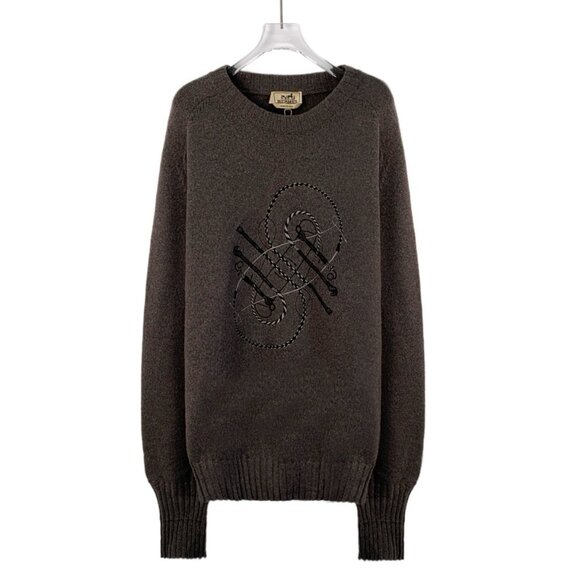 IM0280 Hermes Hermes dark brown horse whip embroidered design cashmere round nec - Picture 1 of 8